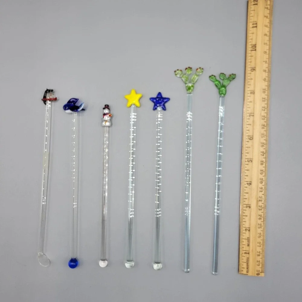 Glass Stirrer Sticks Set Of 7 Decorative Tops  Penguin Fish Snowman Star Cactus